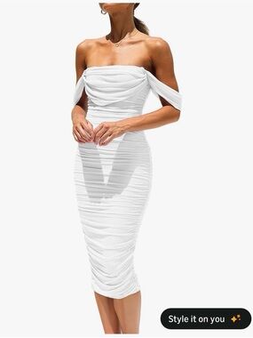 Off-Shoulder White Ruched Midi Dress BRAND NEW